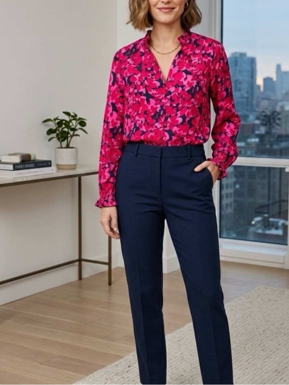 J. Crew Pink and Black Floral V-Neck Blouse
